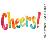 "Cheers!" hand-lettered in vibrant watercolor with a rainbow color gradient. This festive design is perfect for celebrations, parties, social media posts