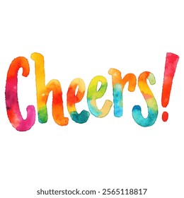 "Cheers!" hand-lettered in vibrant watercolor with a rainbow color gradient. This festive design is perfect for celebrations, parties, social media posts