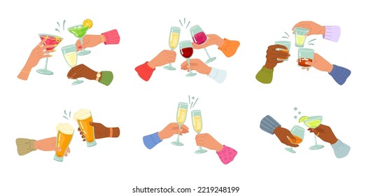 Cheers hands with alcoholic drinks. Friends drink together glass of wine, alcohol cocktails or beer. Drinking toast for party vector illustration set of alcohol party bar, hand with beverage