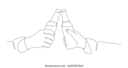Cheers! Hands Clinking Beer Bottles – One‑Line Vector Illustration	