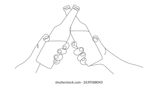 Cheers! Hands Clinking Beer Bottles – One-Line Vector Illustration