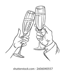 Cheers. Hands hold white sparkling or red wine, champagne or cocktail glasses. Trendy art for bachelorette party and wedding invitations. Contour vector illustration