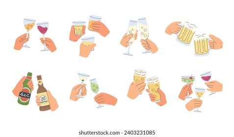 Cheers! hands holding refreshing drinks, fruit juice, beer, cocktail, champagne, whiskey, soda. Celebrating holiday with toasts. Flat cartoon style vector illustration isolated on white background