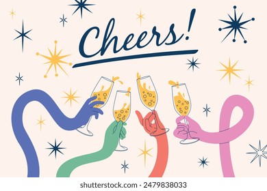 Cheers hands. Long flexible arms clink glasses with champagne, celebrating holiday and success, drink with friends. Wineglass with liquid splashes, stars on background tidy vector concept