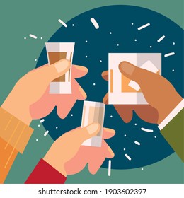 cheers, hands with whiskey and tequila glasses celebration vector illustration