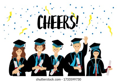 Cheers! Happy graduate students with diploma certificate in his hands. 5 person young women and men. Graduate ceremony campus, college, school. Hand drawn illustration.