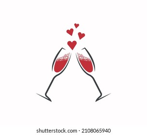 Cheers. Hearts and champagne bubbles. Valentine's day celebration. Vector.
