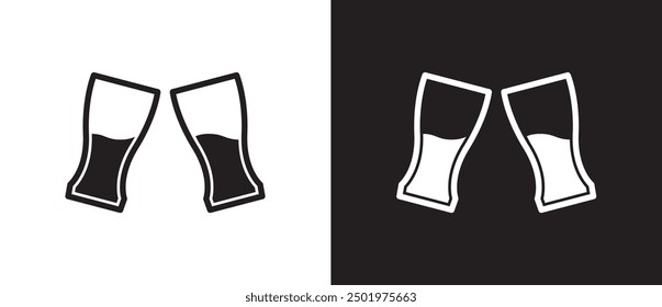 Cheers icon, Drink glass icon, Two glasses toast icon, Drink toast, Cheers with drink glasses. Clinking glasses icon. Vector illustration isolated on black and white background. Eps10