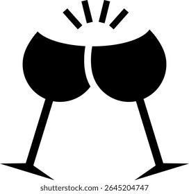 Ícone de Cheers: Dois elegantes copos de vinho se unindo em um brinde jubiloso, simbolizando celebração e camaradagem em um estilo elegante e minimalista.