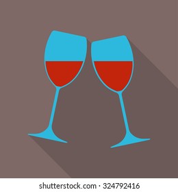 Cheers icon. Two glasses of wine flat icon with long shadow. Colorful vector illustration.