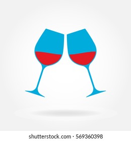 Cheers Icon. Two Wine Glasses With Red Wine In Flat Style. Vector Illustration.