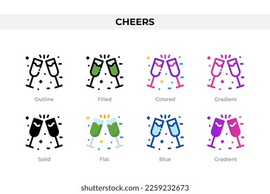 Cheers icons in different style. Cheers icons set. Holiday symbol. Different style icons set. Vector illustration