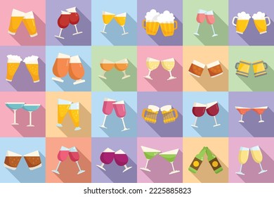 Cheers icons set flat vector. Beer toast. Bottle drink