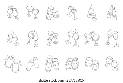 Cheers icons set. Isometric set of cheers vector icons thin line outline on white isolated