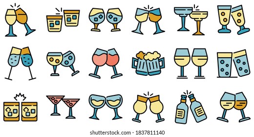 Cheers icons set. Outline set of cheers vector icons thin line color flat on white