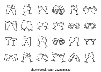 Cheers icons set outline vector. Beer toast. Bottle drink