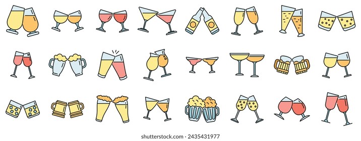 Cheers icons set outline vector. Beer toast. Bottle drink color line isolated