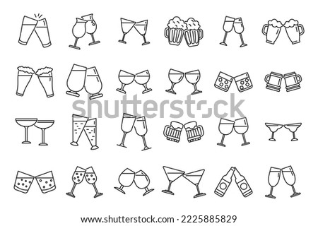 Cheers icons set outline vector. Beer toast. Bottle drink