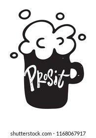 Cheers (in german). Typography poster. Black silhouette og beer mug with lettering. Octoberfest.