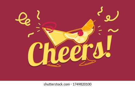 Cheers. Joyful vector illustration with text. Cocktail party invitation card. Colourful glasses with mixed drinks on bright background