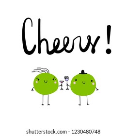 Cheers lettering and illustration with two green frogs celebrating with alcohol drinks and cocktails hand drawn