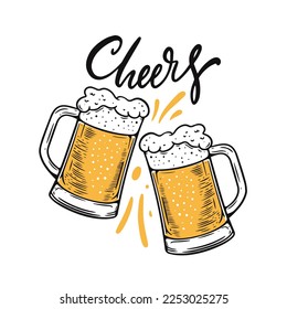 Cheers lettering phrase and two beer glasses hand drawn colorful cartoon style vector art illustration.