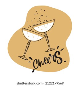 Cheers lettering poster.Hand drawn illustration of champagne glass