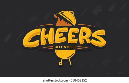 Cheers lettering vector logo sketch with grill bbq and beer beef