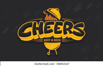 Cheers lettering vector logo sketch with grill bbq and beer beef