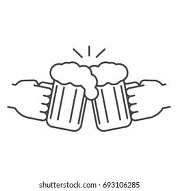 Cheers linear icon. Thin line illustration. Hands holding toasting beer glasses. Contour symbol. Vector isolated outline drawing