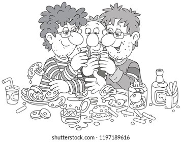 Cheers! Lively party of funny friends toasting and drinking. Vector illustration in a cartoon style