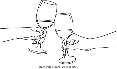 Saúde para amar e comemorar! Esta arte minimalista retrata duas mãos segurando copos de vinho, clinking em um brinde. Perfeito para expressar alegria, amizade, romance e ocasiões especiais.