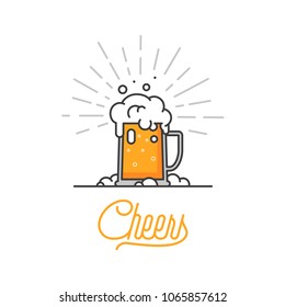 Cheers Mate. Glass Of Beer Isolated Vector Illustration, Minimal Design. Lager Beer Icon On White Background. Drink Beer With Your Friends. Good For Pub Menu Illustration. Cold Beverage On A Hot Day.