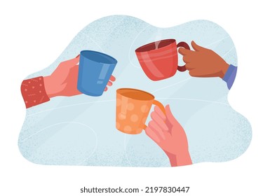 Cheers with mugs. Hands holding cups with hot drinks. Tea or coffee. Meeting friends in restaurant or cafe. Leisure and entertainment, holiday and festival concept. Cartoon flat vector illustration