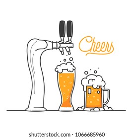 Cheers my friend. Isolated vector illustraion of two glass of beers in a bar and a beer tap. Oktoberfest in Germany. Good for pub menu illustration. Cold beverage on a hot day. Celebrate and drink.