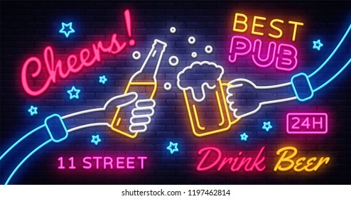 Cheers Neon Banner Vector. Party celebration in pub, neon sign, design template, modern trend design, night neon signboard, night bright advertising, light banner, light art. Vector illustration