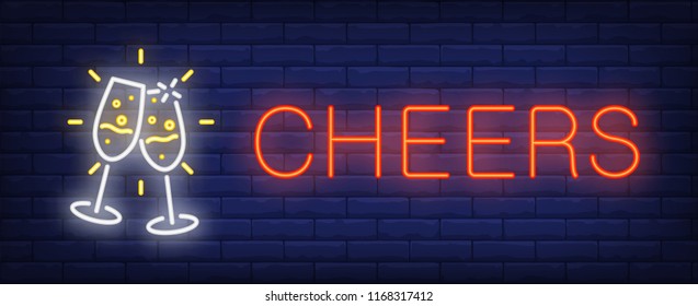 Cheers neon sign. Couple of Champagne flutes on brick wall background. Vector illustration in neon style for New Year celebration, anniversary, special date