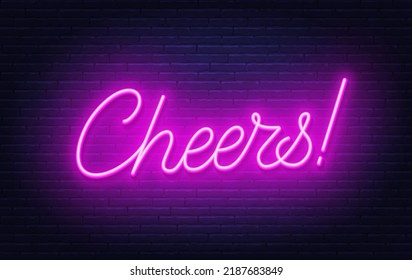 Cheers neon sign on brick wall background.