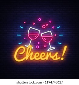 Cheers neon sign vector. Wine Party celebration Design template neon sign, light banner, neon signboard, nightly bright advertising, light inscription. Vector illustration