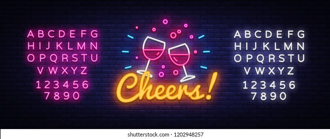 Cheers neon sign vector. Wine Party celebration Design template neon sign, light banner, neon signboard, nightly bright advertising, light inscription. Vector illustration. Editing text neon sign