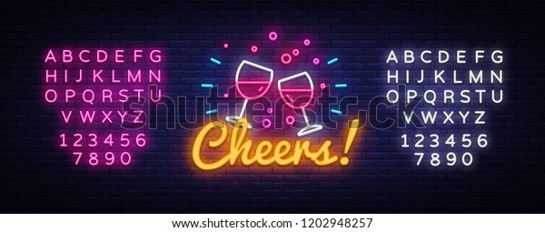 ネオンサインのベクター画像に乾杯 ワインパーティーのお祝いデザイン テンプレートのネオンサイン 明るいバナー ネオン看板 夜明けの広告 明るい銘文 ベクターイラスト テキストのネオンサインを編集する のベクター画像素材 ロイヤリティフリー