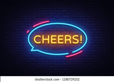 Cheers Neon Text Vector. Cheers neon sign, design template, modern trend design, night neon signboard, night bright advertising, light banner, light art. Vector illustration