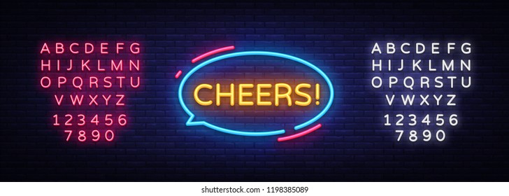 Cheers Neon Text Vector. Cheers neon sign, design template, modern trend design, night neon signboard, night bright advertising, light banner, light art. Vector illustration. Editing text neon sign