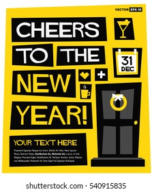 Cheers To The New Year! 31 Dec (Flat Style Vector Illustration Party Poster Design) with Text Box Template