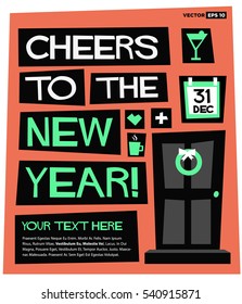 Cheers To The New Year! 31 Dec (Flat Style Vector Illustration Party Poster Design) with Text Box Template