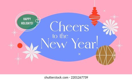 Cheers To The New Year banner template.Colorful vector design with abstract Christmas ornament-like shapes and place for text. Greeting card, web site header, web media layout. Editable stroke.