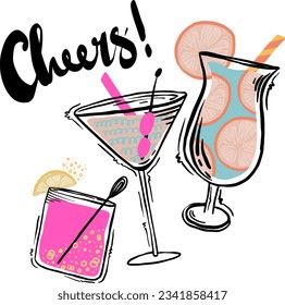 Cheers. Party print with cocktails and bottle of wine, flowers and palm leaves for t-shirt, clothing, cards, message and more design.