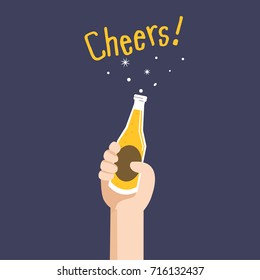 Cheers! party time, hand holding beer design.