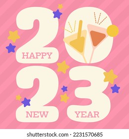 Cheers Pink Happy New Year 2023 with Star and Stripe Pattern Greeting Wishes Typography Celebration Vector