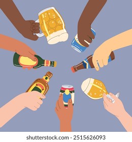 Cheers post card with beer glasses in hands isolated on simple background. Hand drawn trendy flat vector illustrations for bar menu, beer festival.